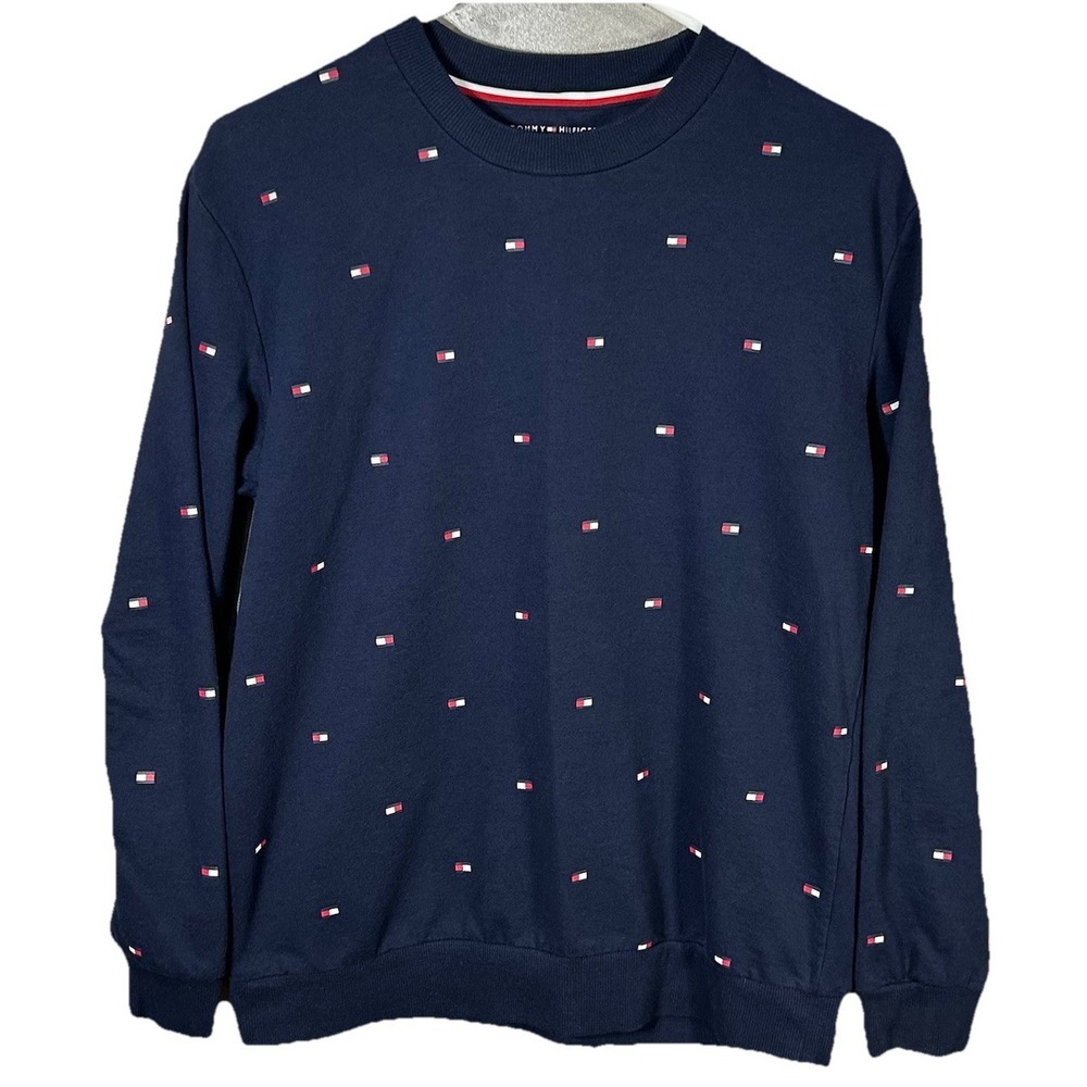 Tommy Hilfiger Mens Small Crew Neck Long Sleeve Sleepwear Shirt Logo Graphic AOP